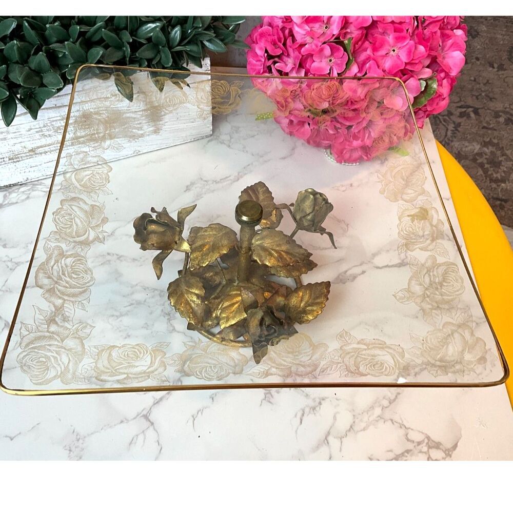 Centerpiece Square dish Italian Tole Roses Glass dish Vintage Hollywood Regency